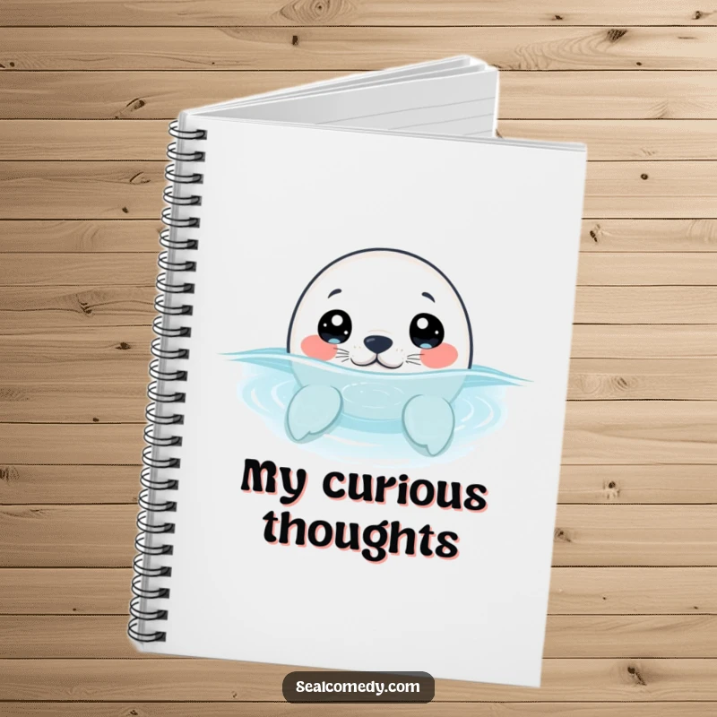 Funny seal pup with wide, curious eyes, peeking its head out of the water, on a notebook cover for a curious writing experience.