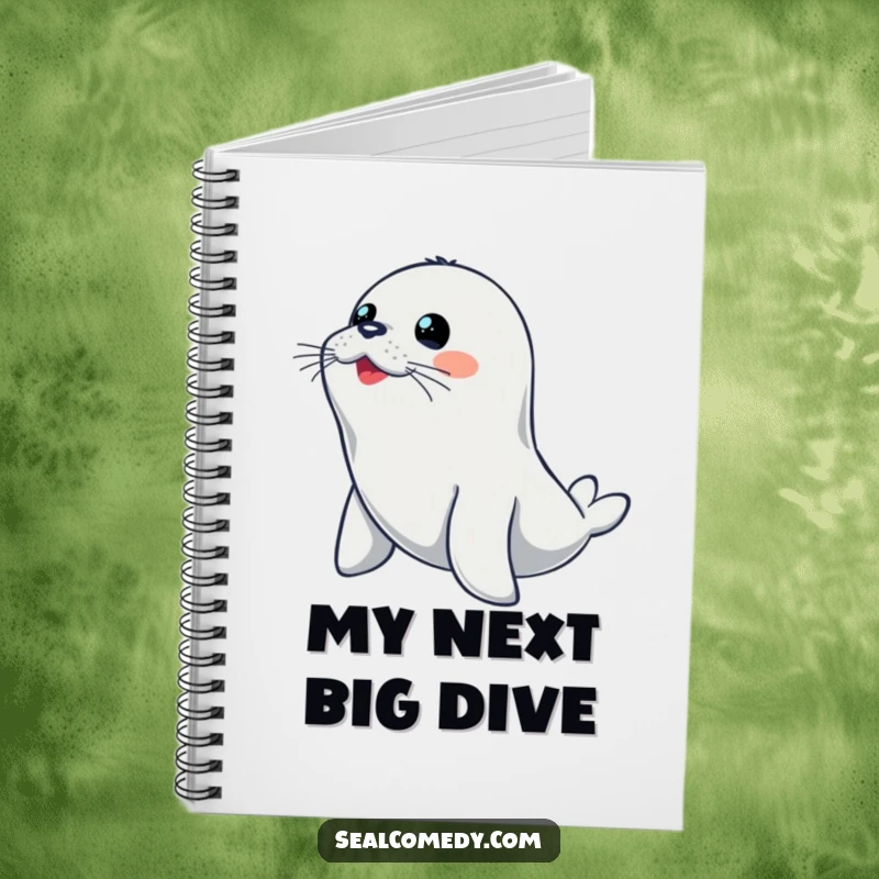 Funny seal notebook with an alert seal in a diving stance, ready to capture creative thoughts.