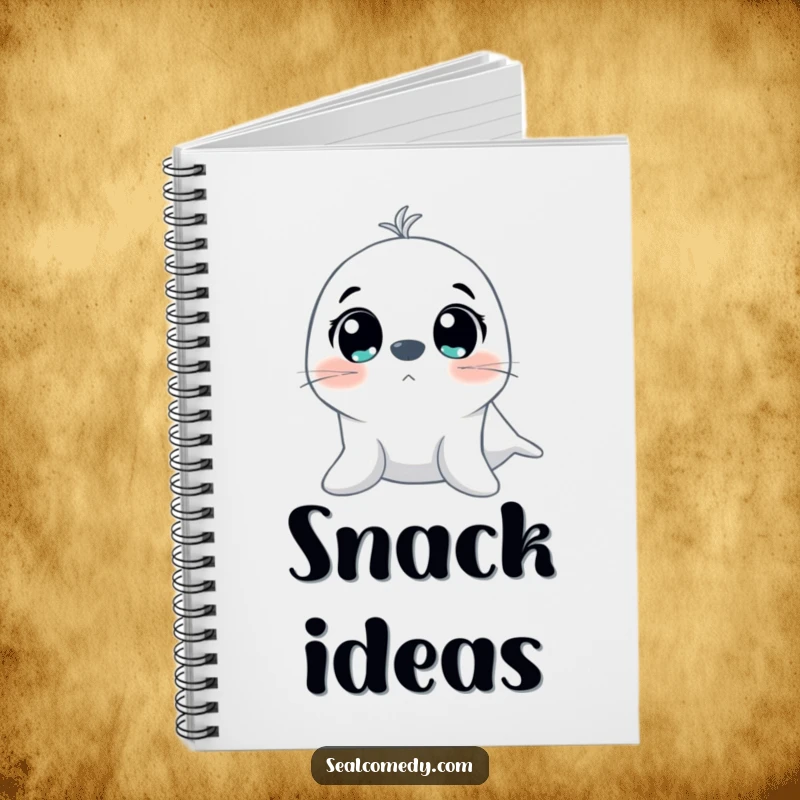 Funny notebook featuring a seal with large, excited eyes looking upwards, ideal for capturing notes, ideas, and dreams.