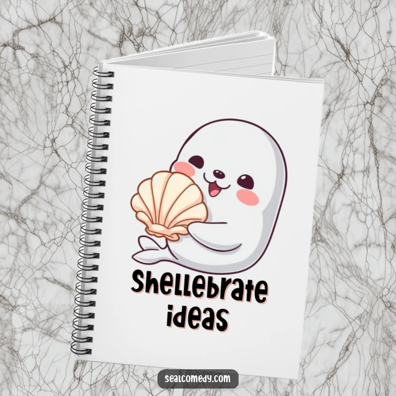 Funny notebook featuring a smiling seal offering a shiny seashell, ideal for journaling, note-taking, and capturing thoughtful reflections.