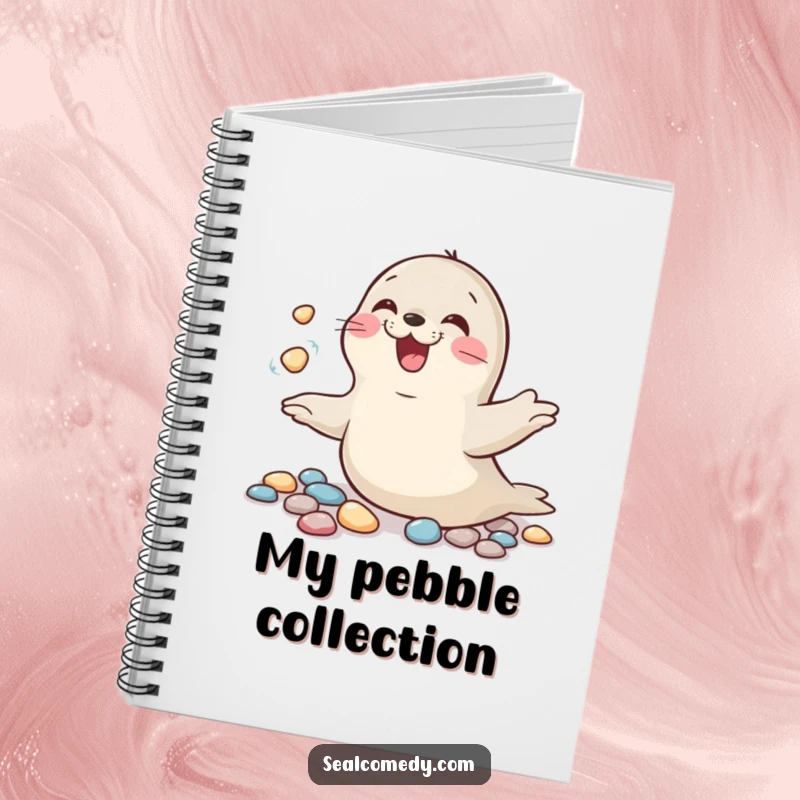 Funny notebook adorned with a giggling seal juggling pebbles, perfect for jotting down notes with a playful spirit.