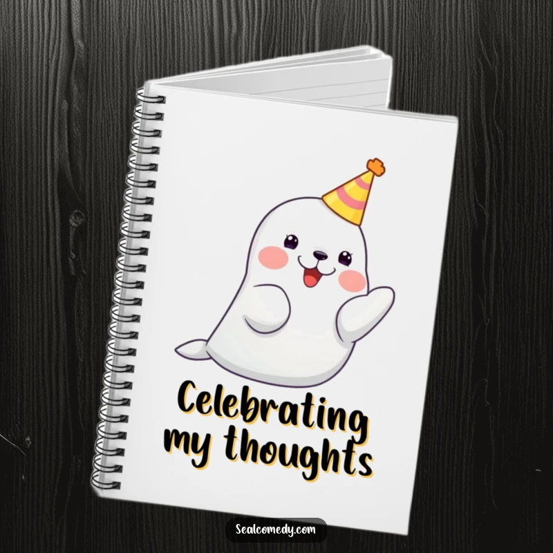 Funny seal wearing a party hat, clapping its flippers joyfully, a cute and inspiring notebook.