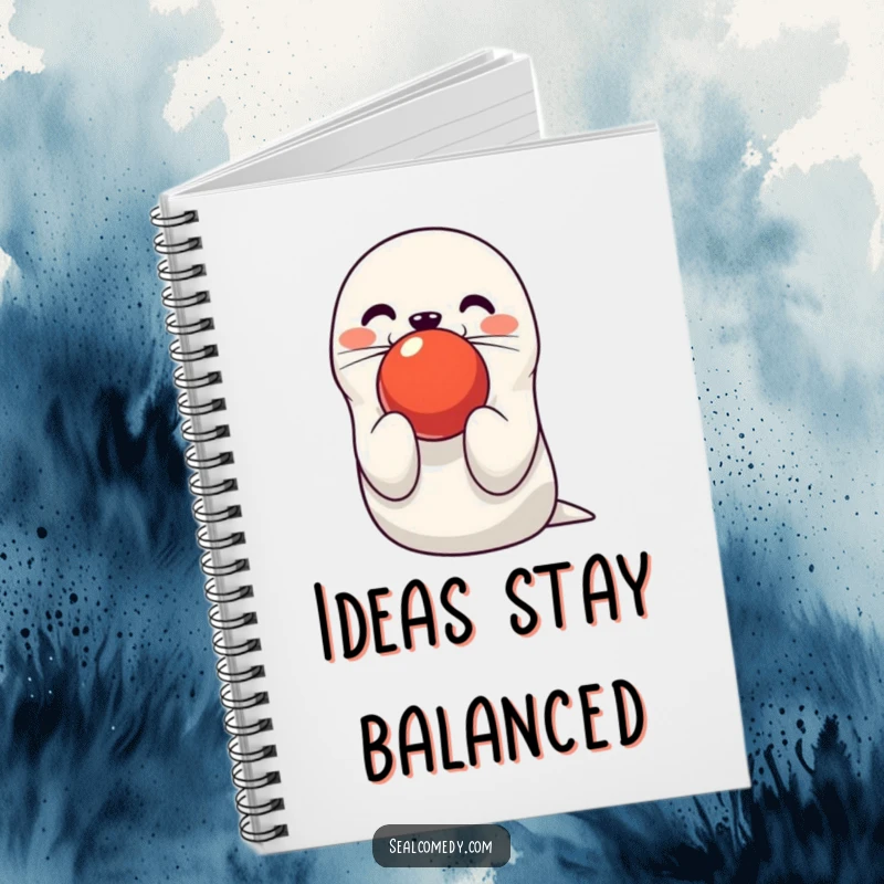 Funny seal notebook with a cute character balancing a red ball on its nose, ideal for jotting down ideas. A humorous stationery item.