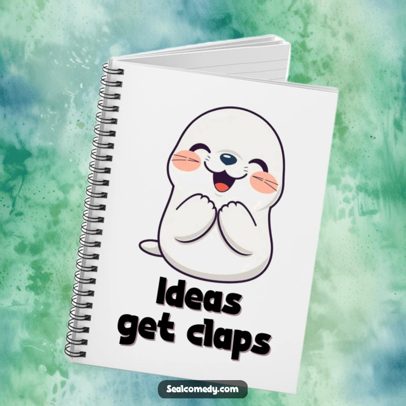 Funny seal notebook with a smiling character clapping its flippers together joyfully, ideal for jotting down happy ideas. A humorous stationery item.