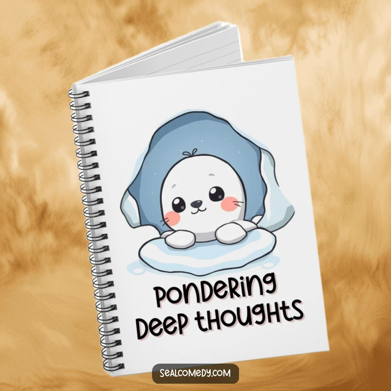 Funny notebook featuring a seal character peeking out from an ice hole, perfect for jotting down notes and observations with a smile.