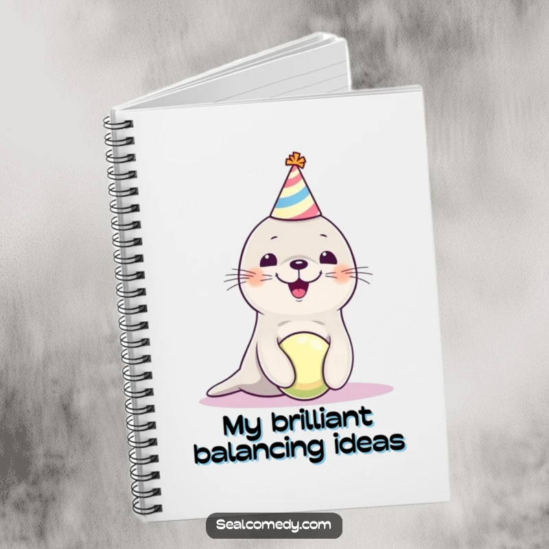 Funny seal pup in a party hat, balancing a ball, featured on a notebook cover for a humorous and inspiring writing experience.