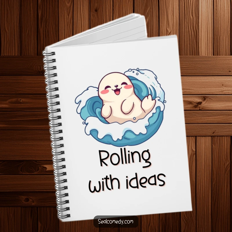 Funny seal notebook doing a playful roll in stylized waves, a delighted marine mammal enjoying the ocean, for notes.