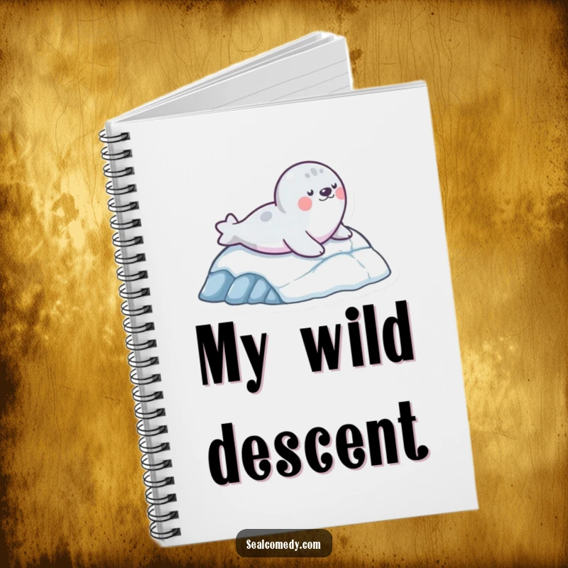 Funny notebook featuring a seal character sliding down an icy slope, encouraging playful note-taking and idea generation.