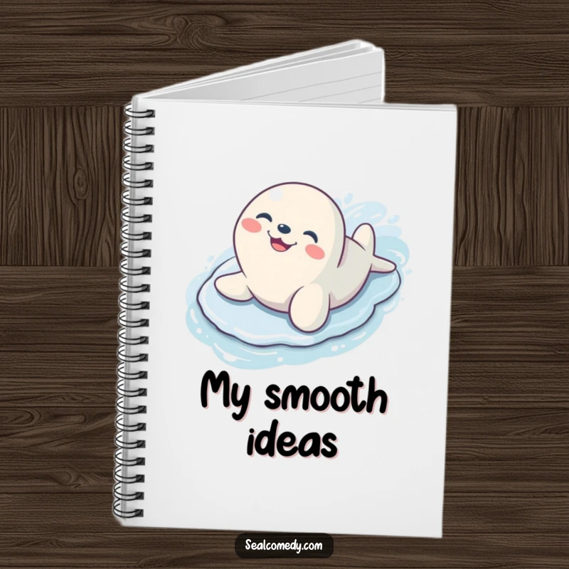 Funny seal with a wide, happy grin sliding down a wet surface, a cute and inspiring notebook.