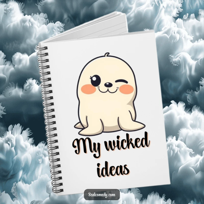 Funny notebook adorned with a seal winking with a mischievous grin, perfect for jotting down notes with a playful touch.