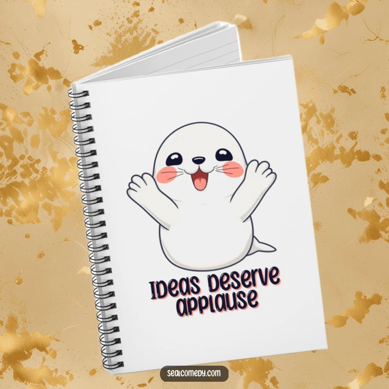 Funny seal notebook with a cover showing a happy seal clapping its flippers with excitement, perfect for notes and humor.