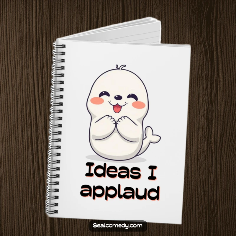 Funny notebook with a seal character clapping joyfully, perfect for jotting down notes and ideas with a smile, a great funny gift.