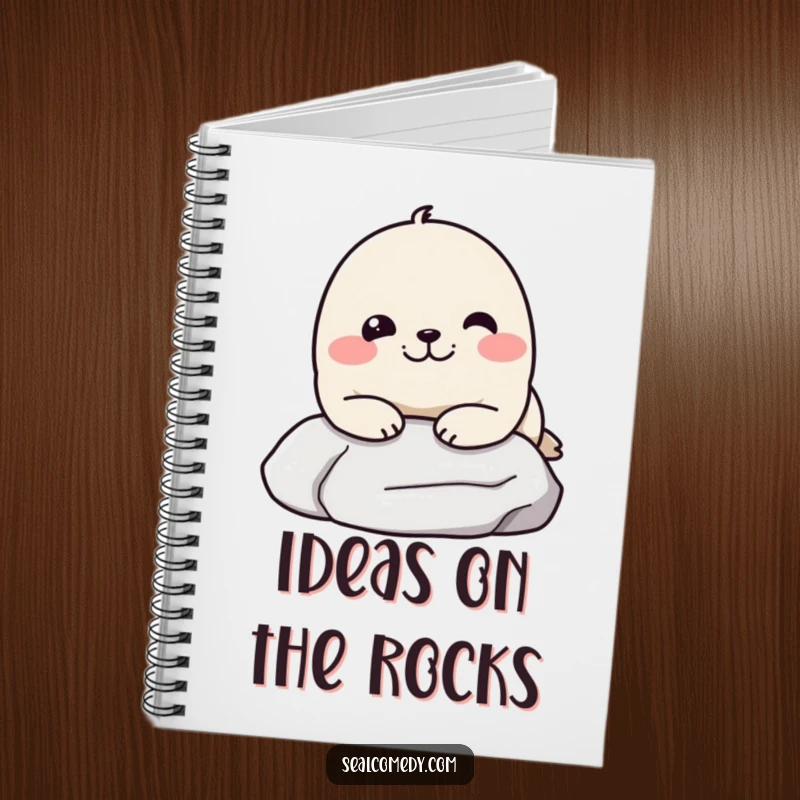 Funny notebook with a seal resting its chin on a stone, looking pleased, perfect for journaling, note-taking, or doodling with humor.