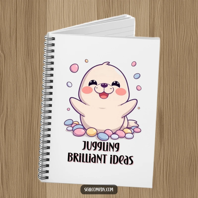 Funny seal notebook cover featuring a seal joyfully juggling shiny pebbles, ideal for humorous note-taking and creative brainstorming.