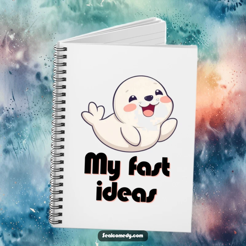 Funny seal pup with a delighted smile, captured in a belly slide, on a notebook cover for a joyous writing experience.