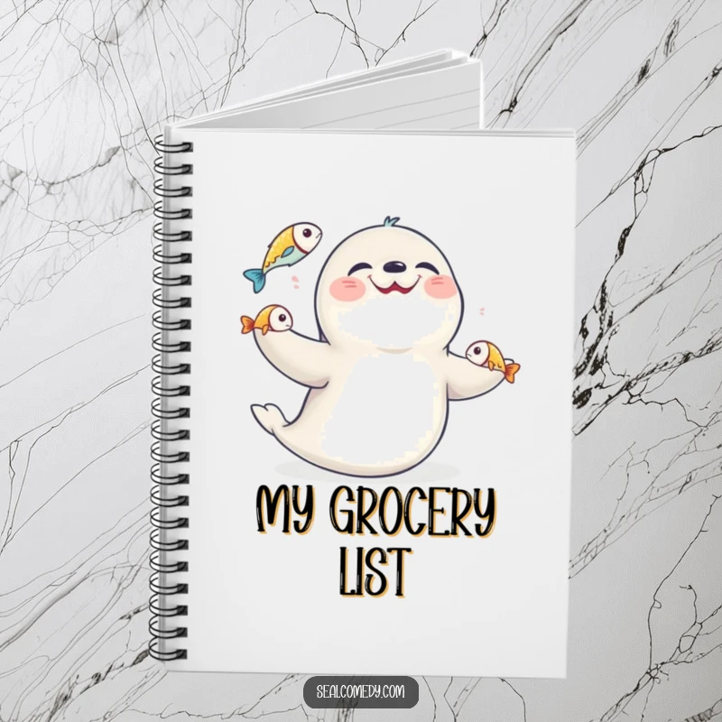 Funny seal juggling fish, featured on a notebook cover, perfect for jotting down ideas with a humorous touch.