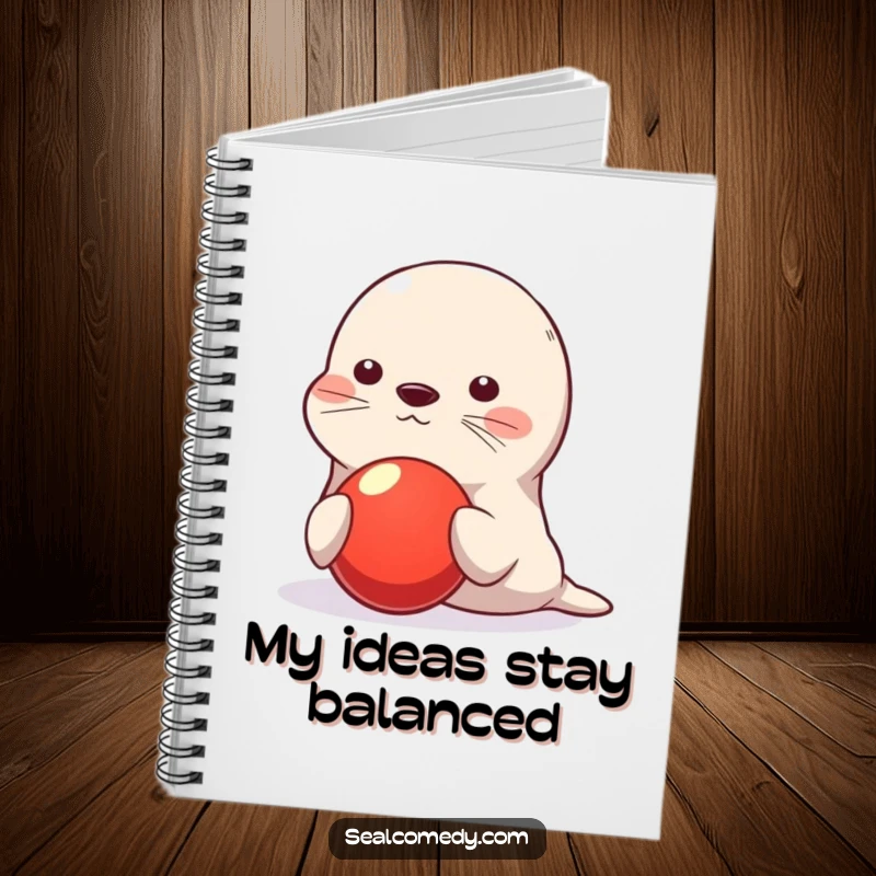 Funny seal notebook, cute character balancing red ball on nose, playful humorous journal, perfect for notes and doodles, ideal funny gift for writers.
