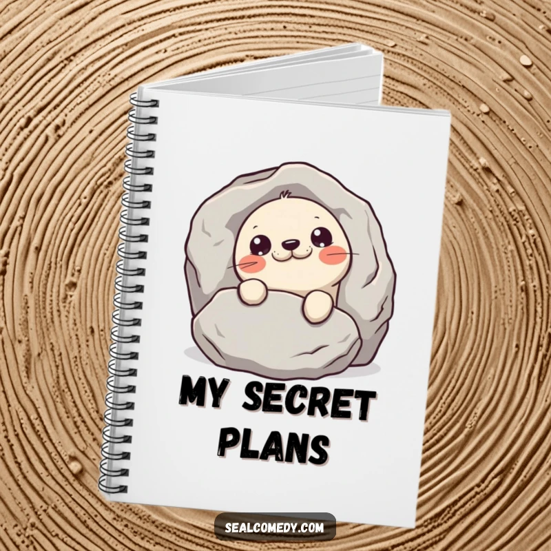 Funny mischievous seal notebook, featuring a seal peeking from behind a rock, perfect for jotting down witty observations.
