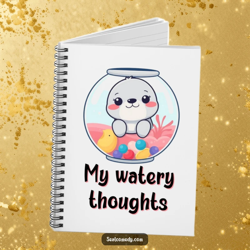 Funny notebook adorned with a seal peeking from a colorful fishbowl, perfect for jotting down notes with a whimsical touch.