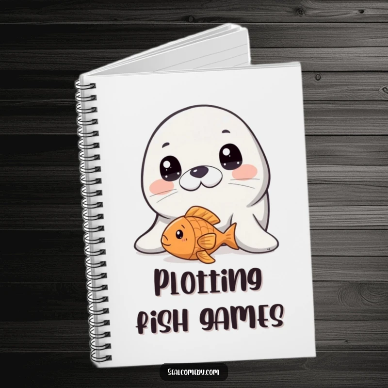 Funny seal with wide, innocent eyes looking at a fish toy, a cute and inspiring notebook.