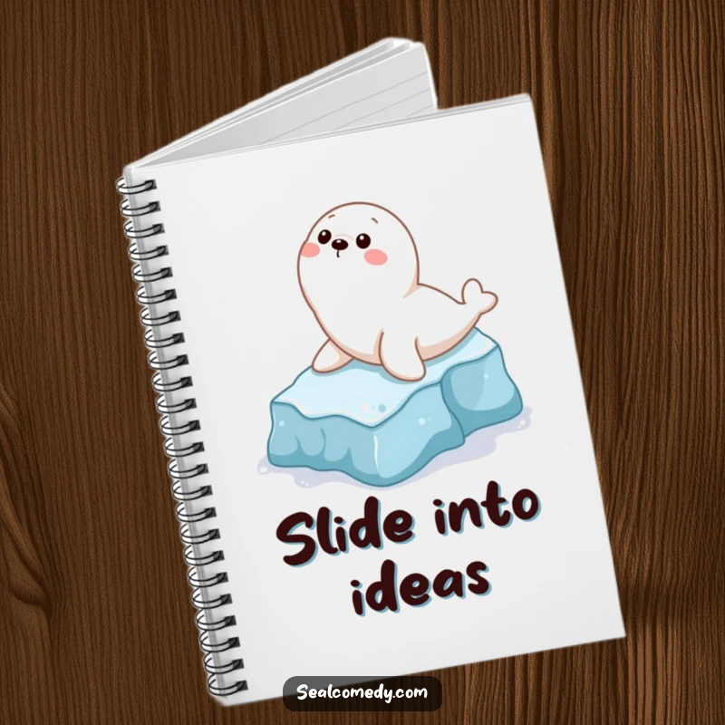 Funny notebook with a playful seal character in action, sliding down a small icy slope, perfect for jotting notes with humor.