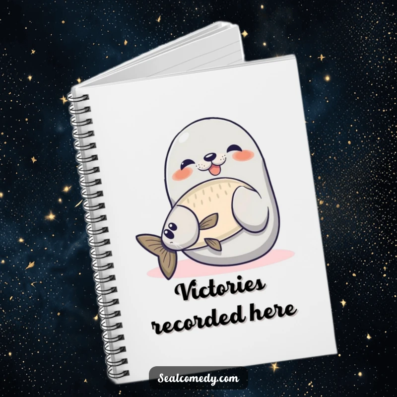 Funny seal notebook with a cover showing a proud seal catching a fish, perfect for notes and humor.