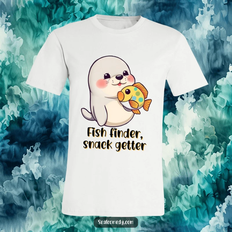 Funny Seal T-Shirt: A playful seal gently nudges a vibrant fish with its nose, capturing humorous ocean interaction.
