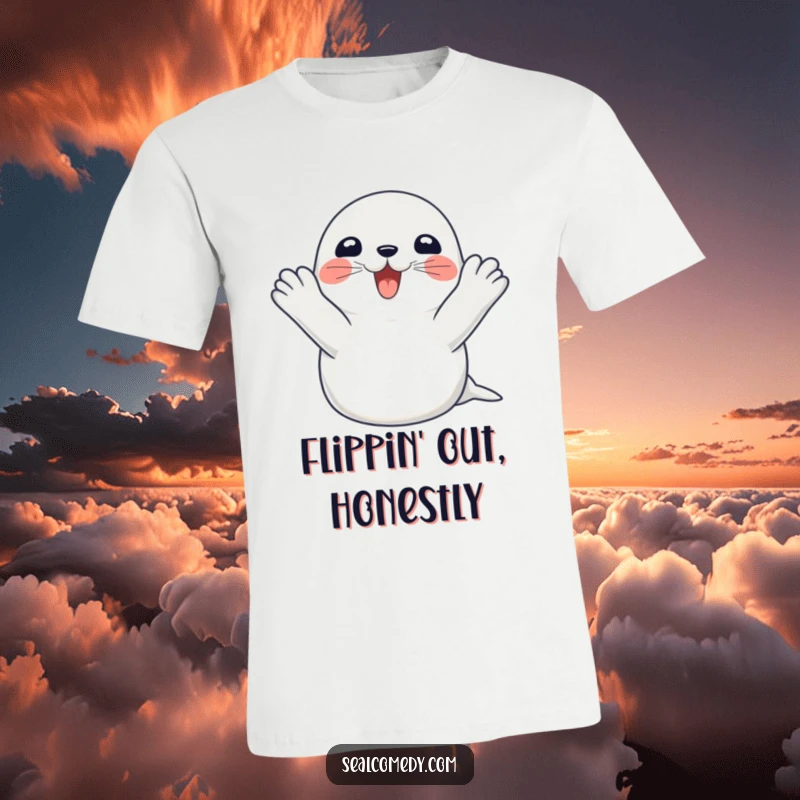 Funny seal t-shirt depicting a happy seal clapping its flippers in excitement, perfect for casual wear and humor.