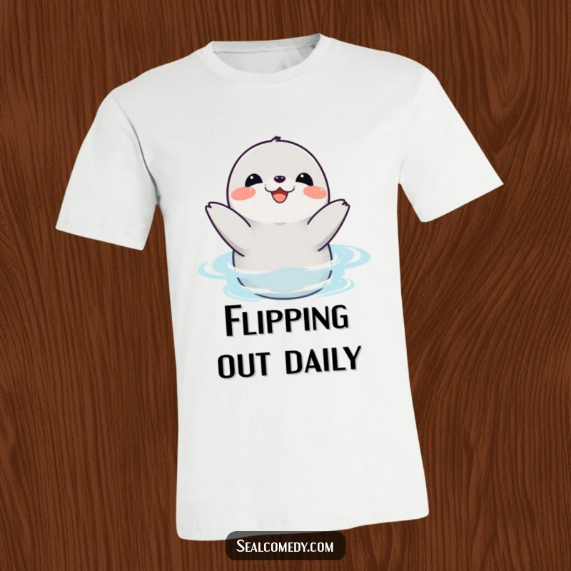 Funny seal t-shirt depicting a cheerful sea creature clapping its flippers with glee while swimming in water, full of life.