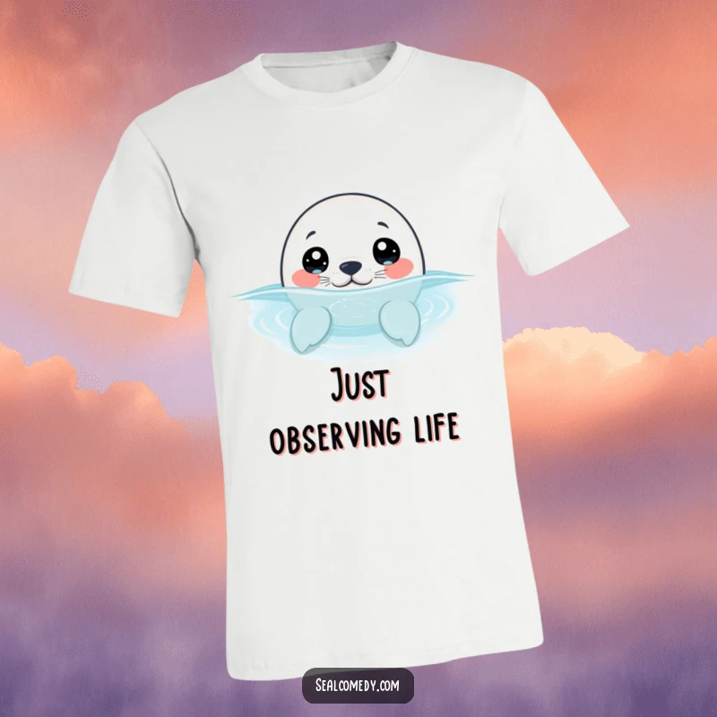 Funny seal pup with wide, curious eyes, peeking out of the water, printed on a comfortable tee for a playful look.