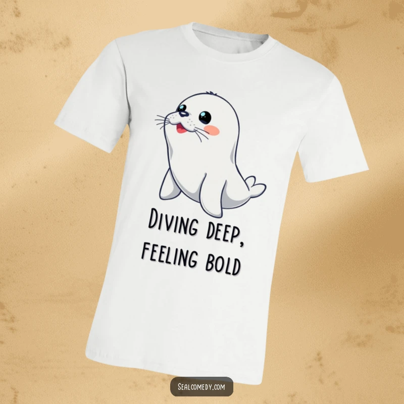 Funny seal t-shirt depicting a seal in an alert pose, poised for a daring dive into the ocean.
