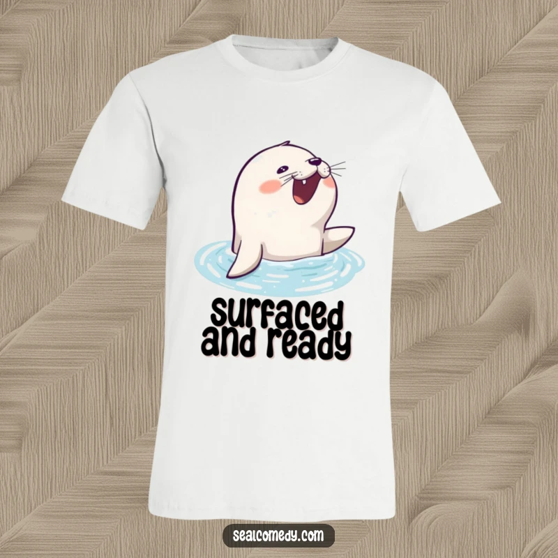Funny seal t-shirt with an eager seal barking joyfully as it pops its head out of the water.