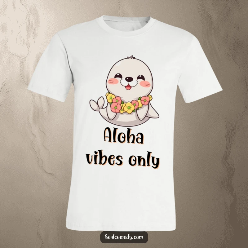 Funny happy seal t-shirt wearing a festive seaweed lei, radiating pure joy and a relaxed, beachy attitude.