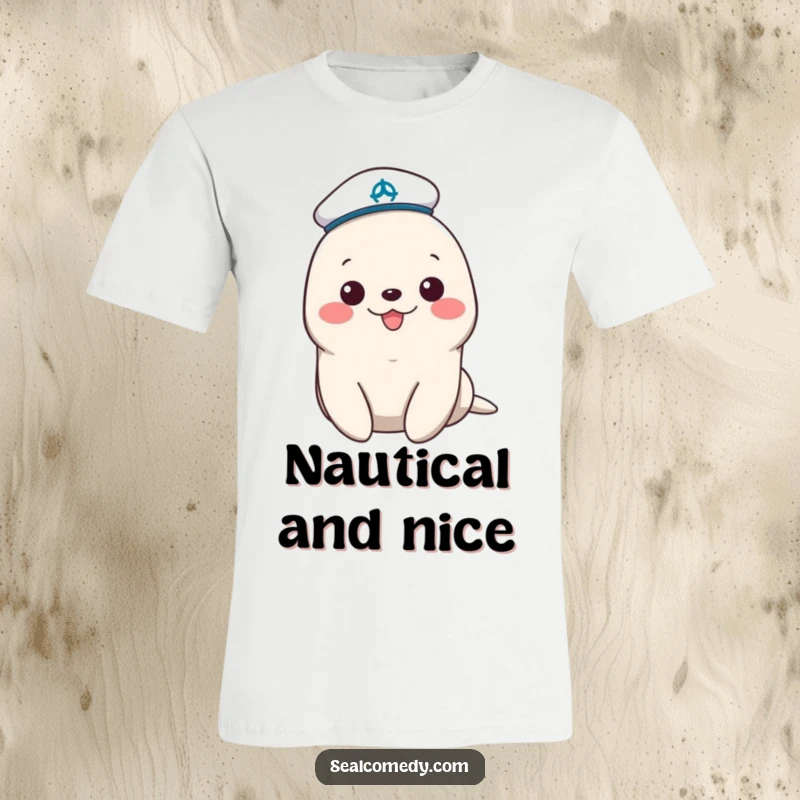 Funny sailor seal t-shirt with a cute tiny hat, showcasing a cheerful and adventurous spirit perfect for beach lovers and animal enthusiasts.