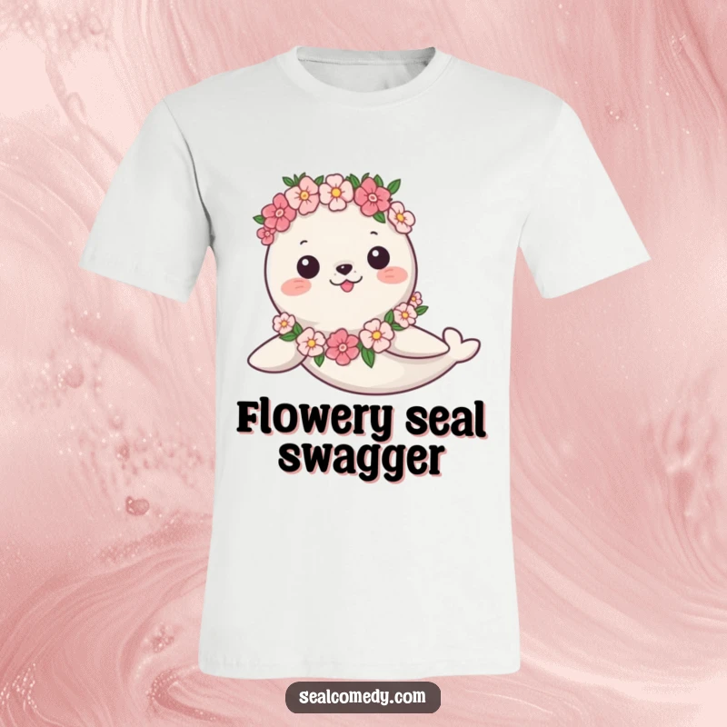 Funny T-Shirt: A seal adorned with a flower garland swims gracefully, showcasing peaceful, humorous aquatic artistry.