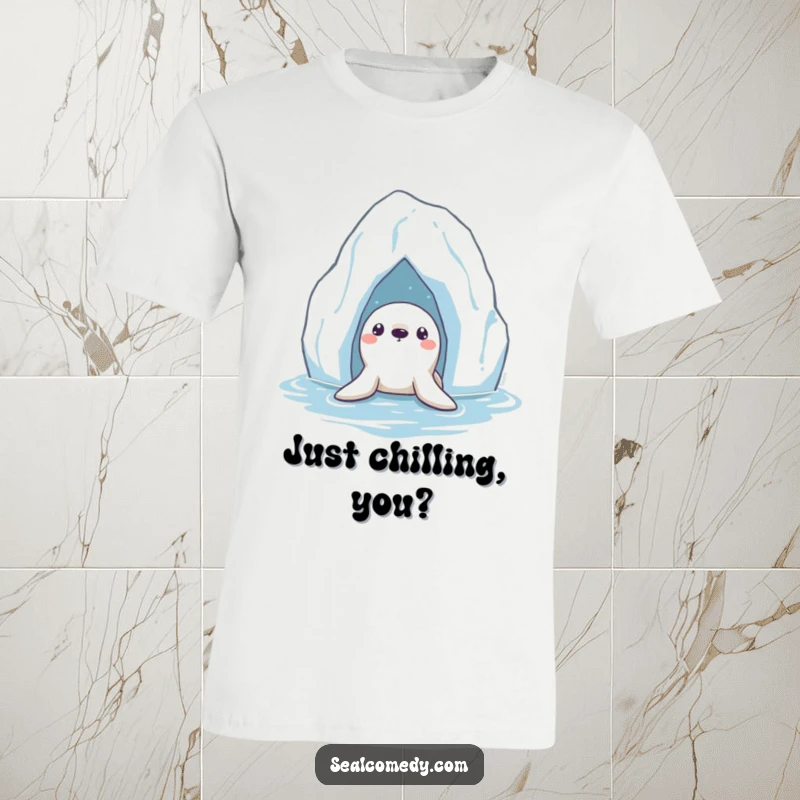 Funny Seal T-Shirt: A curious seal peeks from under a floating iceberg, adding an element of intrigue.