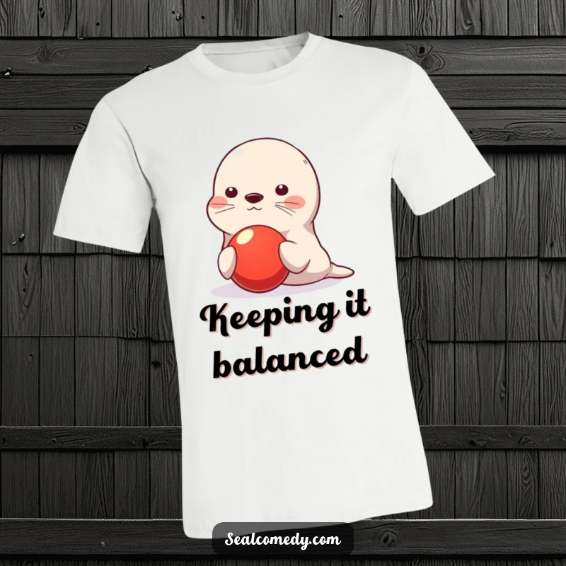 Funny seal t-shirt, cute character balancing red ball on nose, playful and skillful design, comfortable casual wear, ideal funny gift for seal enthusiasts.