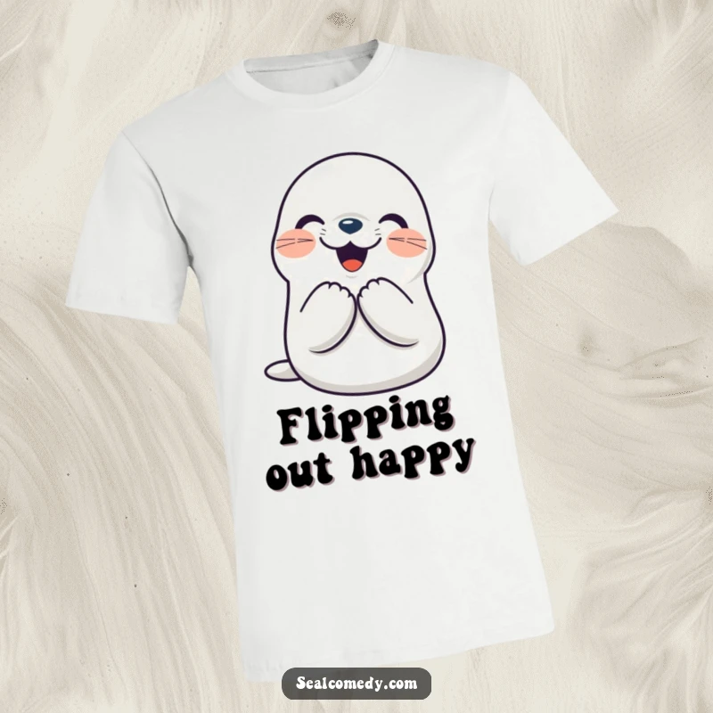 Funny seal t-shirt depicting a smiling character clapping its flippers together joyfully. A humorous and cheerful tee.