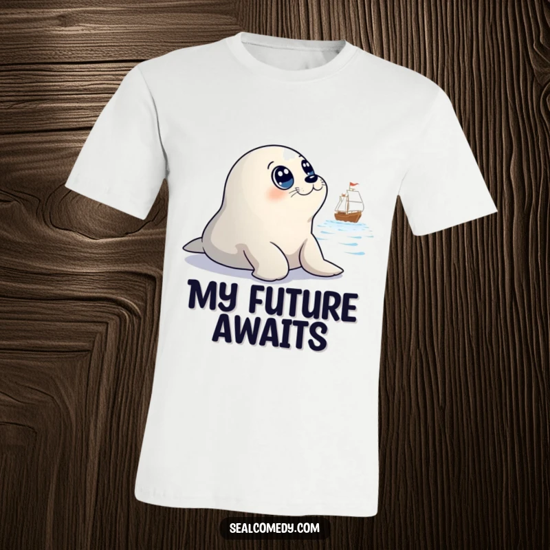 Funny t-shirt featuring a seal with large, innocent eyes gazing at a distant ship, a humorous depiction of wanderlust.