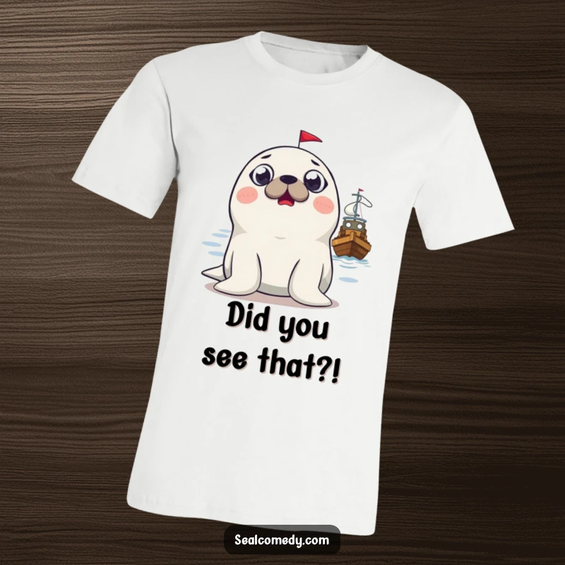 Funny surprised seal t-shirt featuring a seal with wide eyes, comically reacting to a passing boat, perfect for humor lovers.