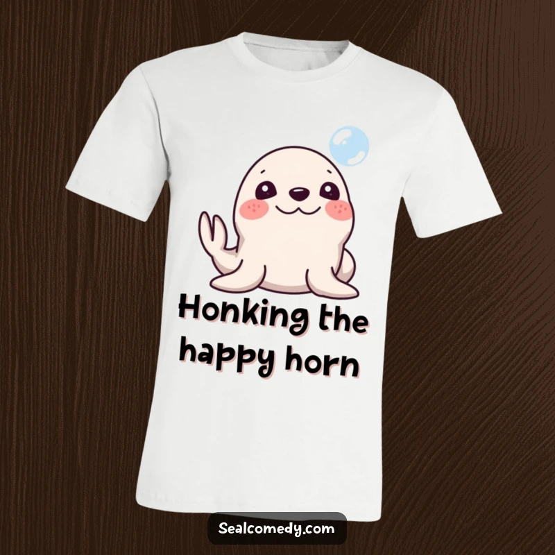 Funny Seal T-Shirt: A seal with a silly smile honking its nose at a bubble. Cheerful and humorous, a perfect funny gift.