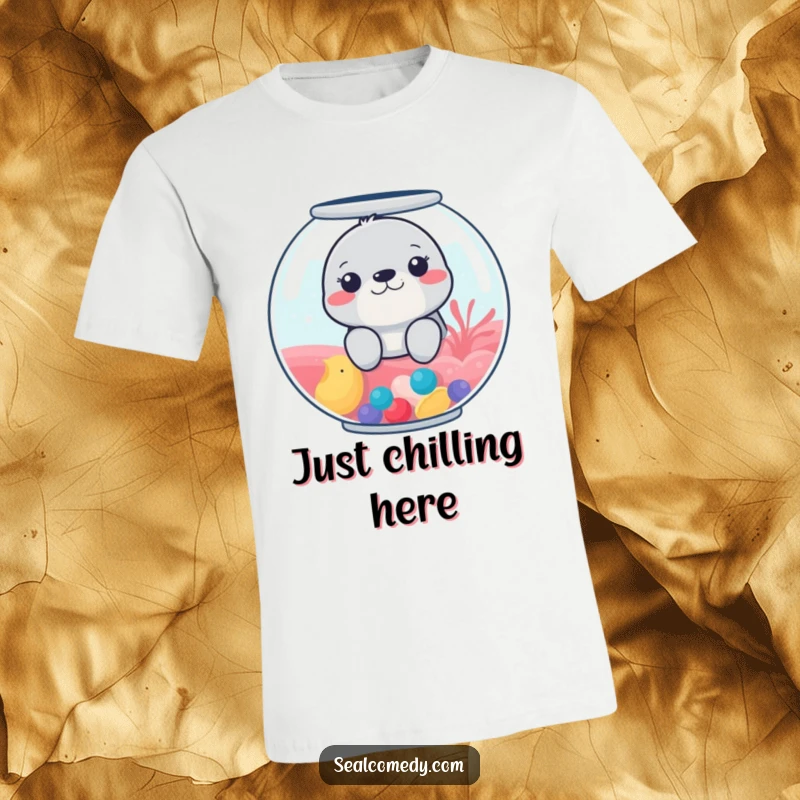 Funny t-shirt with a seal peeking from a bright, colorful fishbowl, offering a playful and humorous visual.