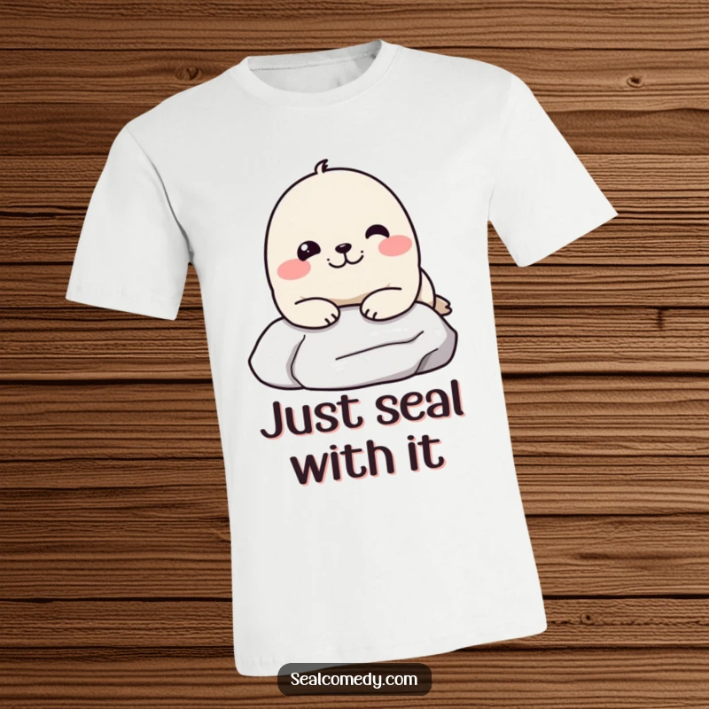 Funny t-shirt with a seal resting its chin on a stone, looking incredibly pleased and relaxed, a perfect casual and humorous outfit.