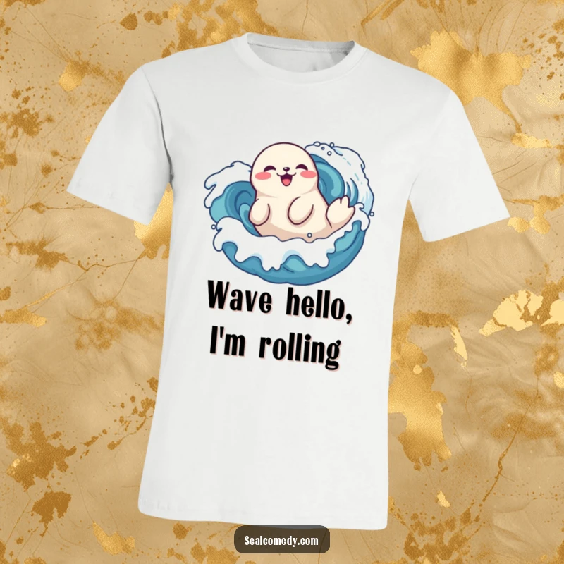 Funny seal t-shirt doing a playful roll in stylized waves, a delighted marine mammal enjoying the ocean, cute tee.