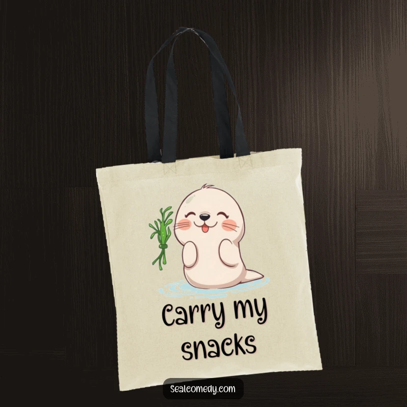 Funny tote bag illustrating a seal's playful batting action on a piece of seaweed, a humorous and practical beach accessory.