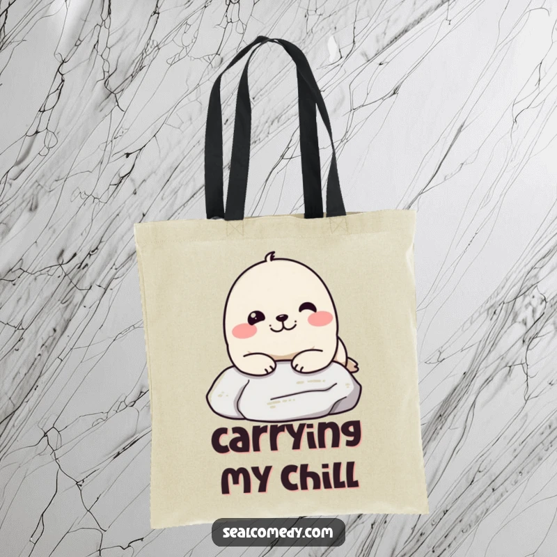 Funny tote bag featuring a seal with a pleased expression resting chin on a stone, perfect for stylishly carrying items with a humorous touch.