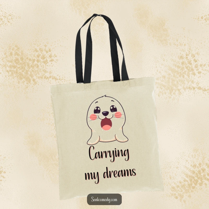 Funny tote bag designed with an excited seal whose big, innocent eyes convey a sense of wonder and eagerness.
