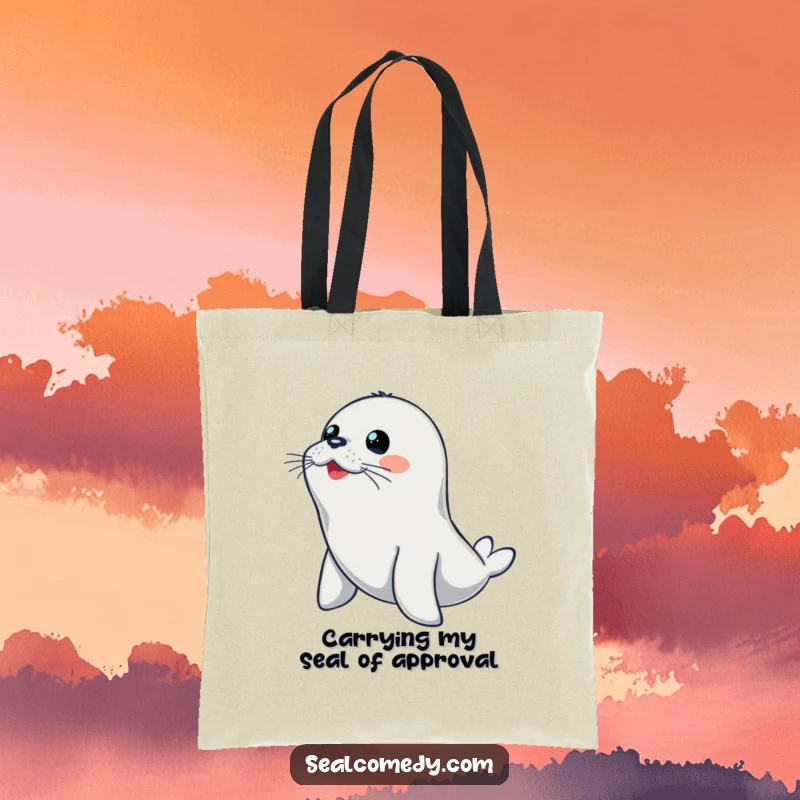 Funny seal tote bag featuring an alert seal preparing for an exciting dive, perfect for beach trips.