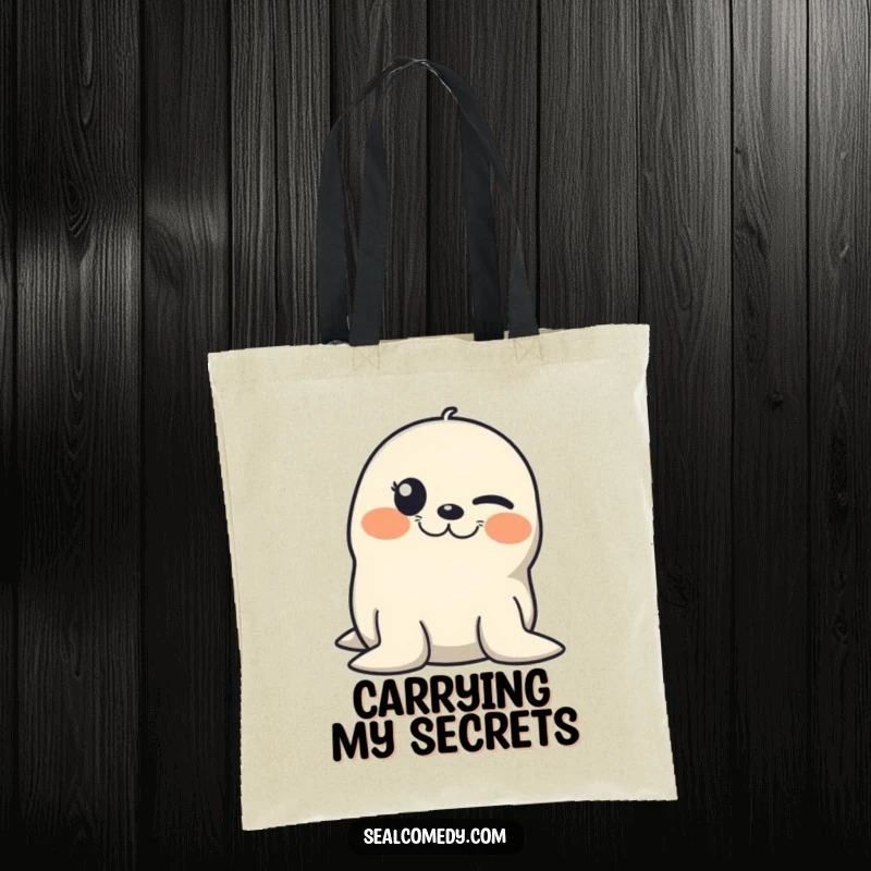 Funny tote bag depicting a seal winking with a mischievous grin, perfect for carrying items with a playful attitude.