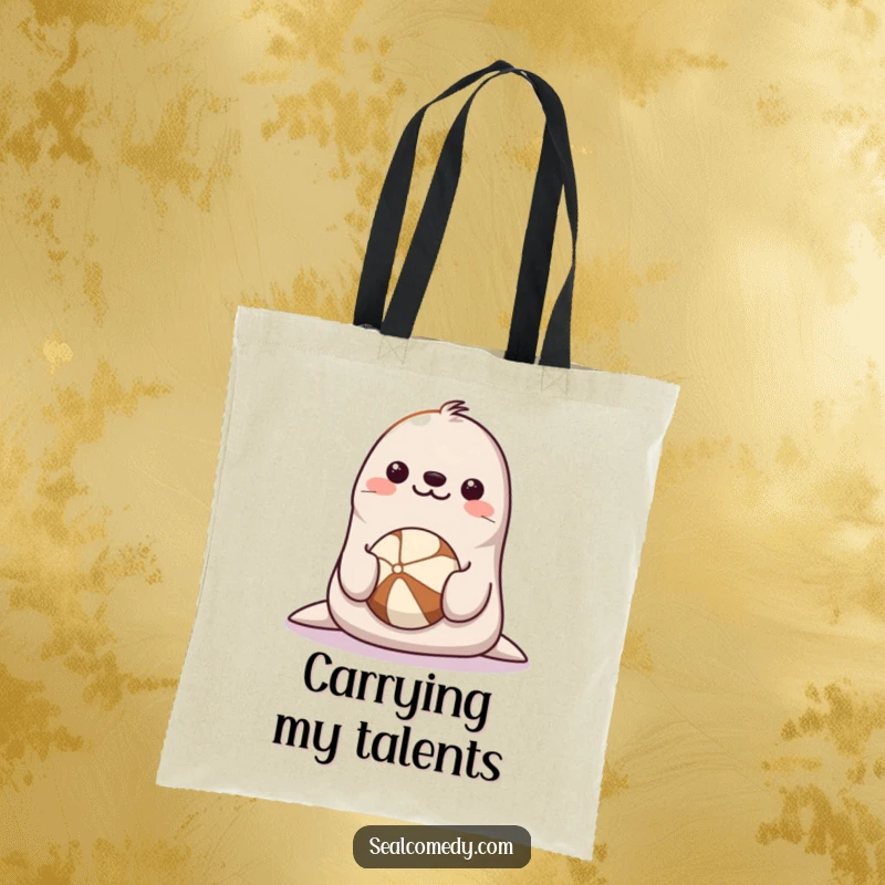 Funny Seal Tote Bag: A happy seal with a smiling face balancing a ball on its nose, perfect for carrying items.